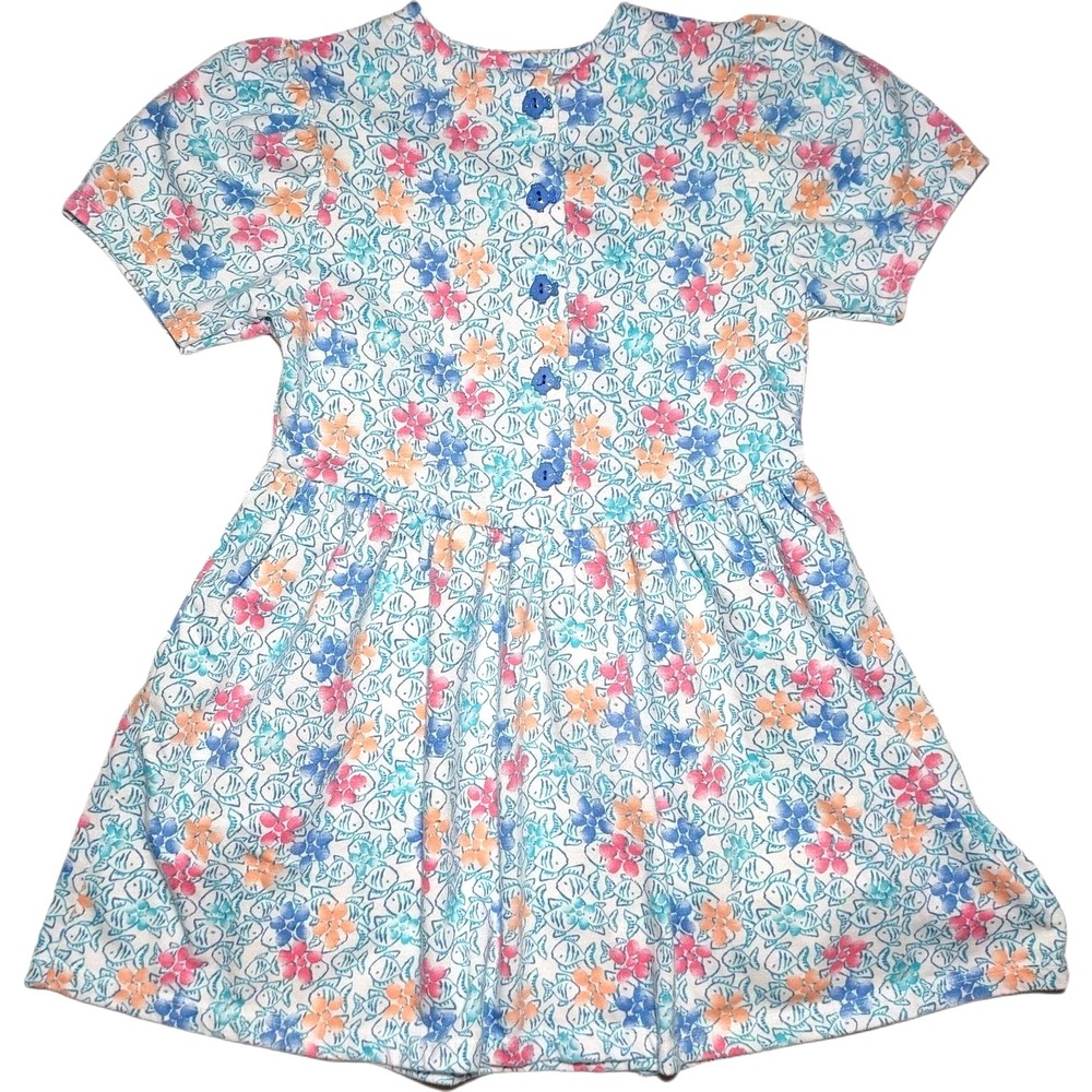 Vtg Carter's Girls Sz 7 Fish Dress Short Sleeve Button Front Cotton Flower‎